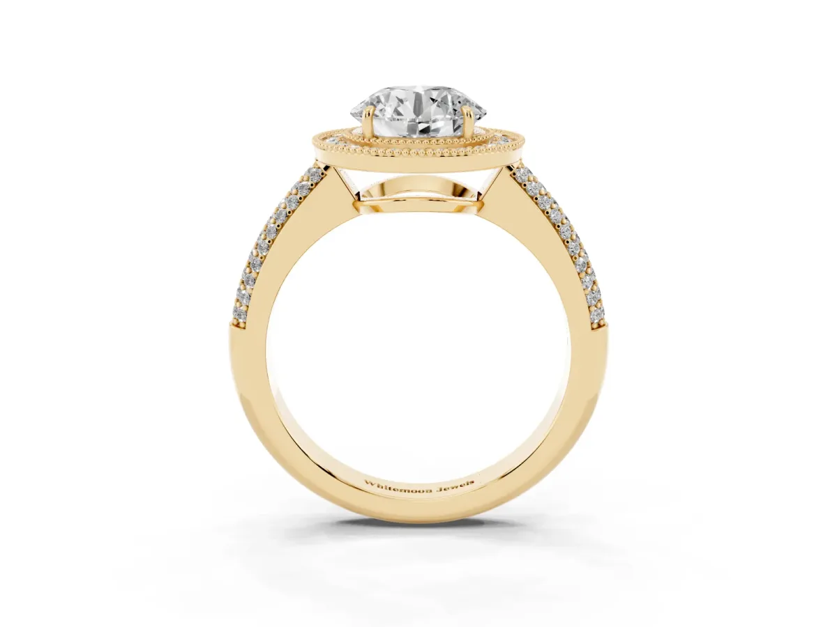 Round Cut Cut Halo Diamond Pave Band with Four-Prong Setting Yellow gold