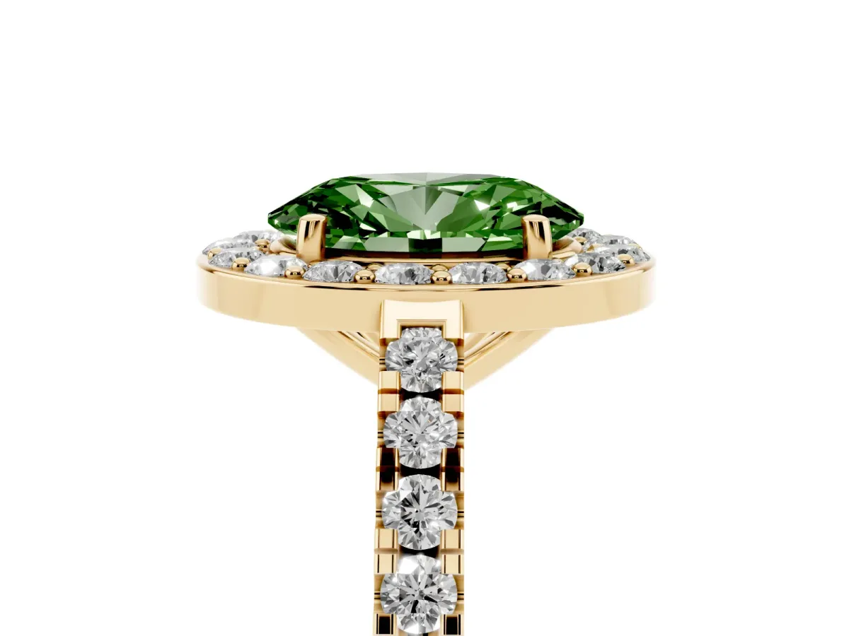 Fancy Green Oval Cut Diamond Halo Ring with Round Pavé Split Shank and Prong Setting Yellow gold