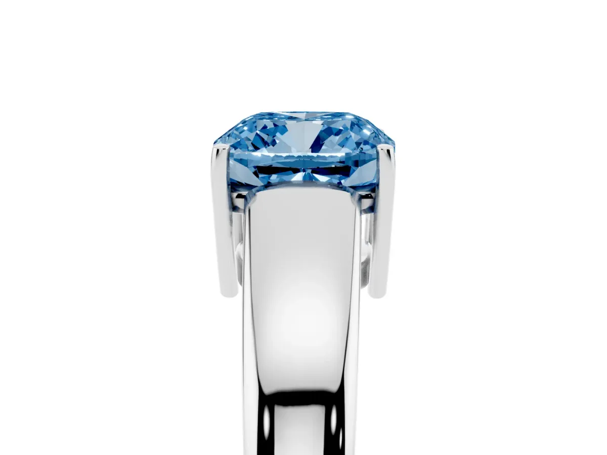 Fancy Blue Cushion Cut Solitaire Diamond Ring with Tapered Band and Four-Prong Setting Platinum
