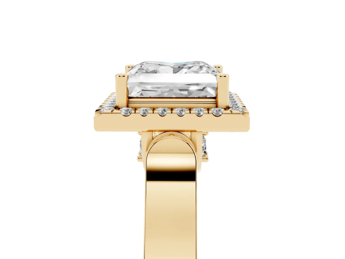 Princess Cut Halo Round Diamond Twist Band with Four-Prong Setting Yellow gold