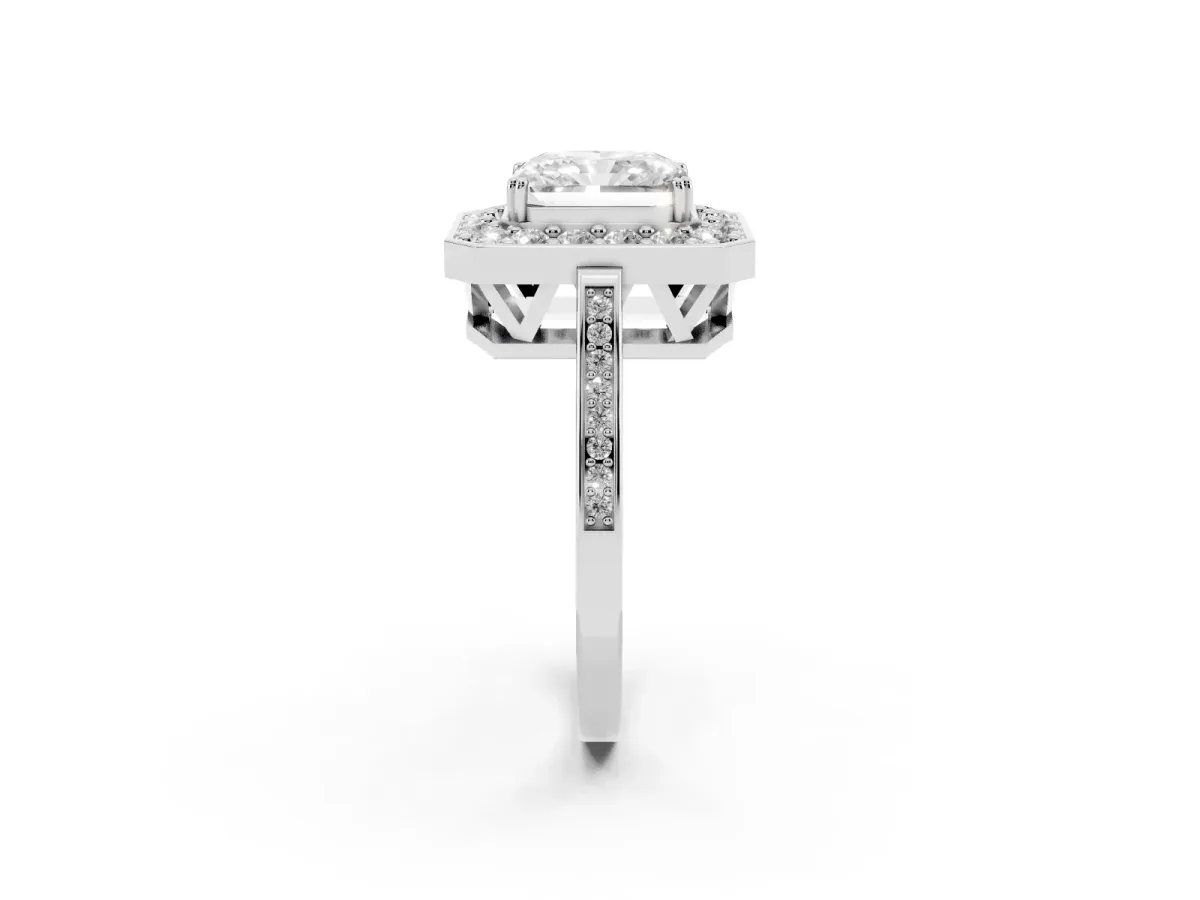 Radiant Cut Diamond Halo Ring with Split Shank and Four-Prong Setting Silver