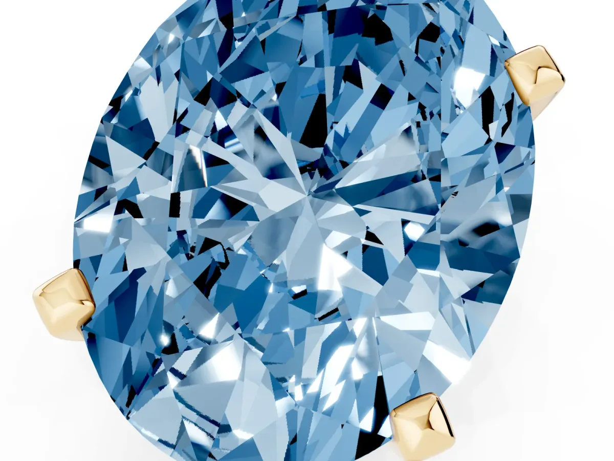 Fancy Blue Oval Cut Diamond Solitaire Ring with Prong Setting and Classic Band Yellow gold