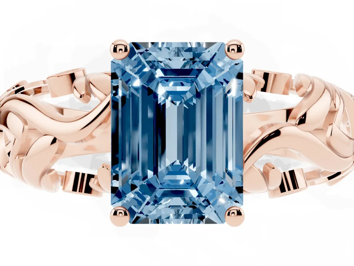 Fancy Blue Emerald Cut Solitaire Diamond Leaf-Inspired Vine Band Ring with Prong Setting Rose gold