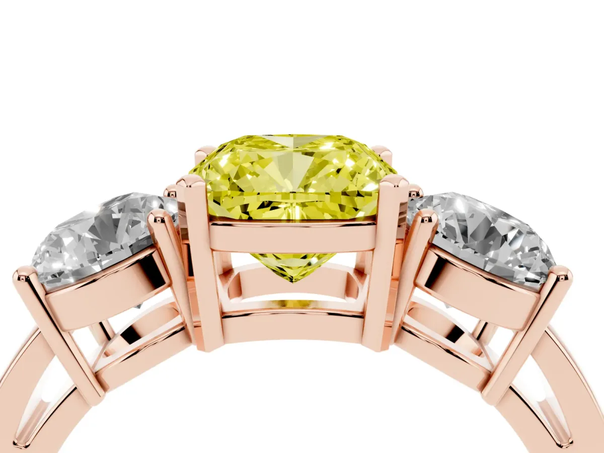 Fancy Yellow Three-Stone Cushion Cut Diamond Ring with Round Side Stones, Classic Band, and Four-Prong Setting Rose gold