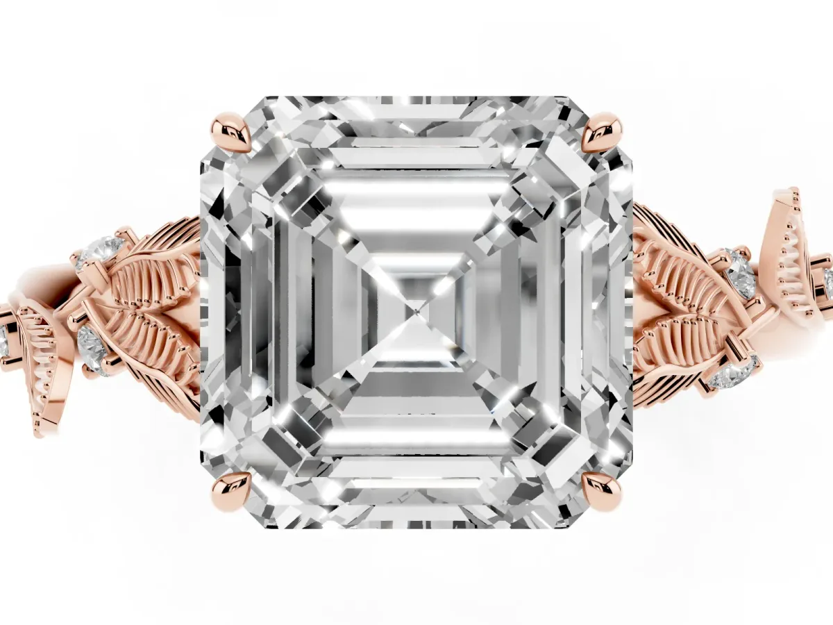 Asscher Cut Diamond Solitaire Ring with Leaf Motif Band and Four-Prong Setting Rose gold