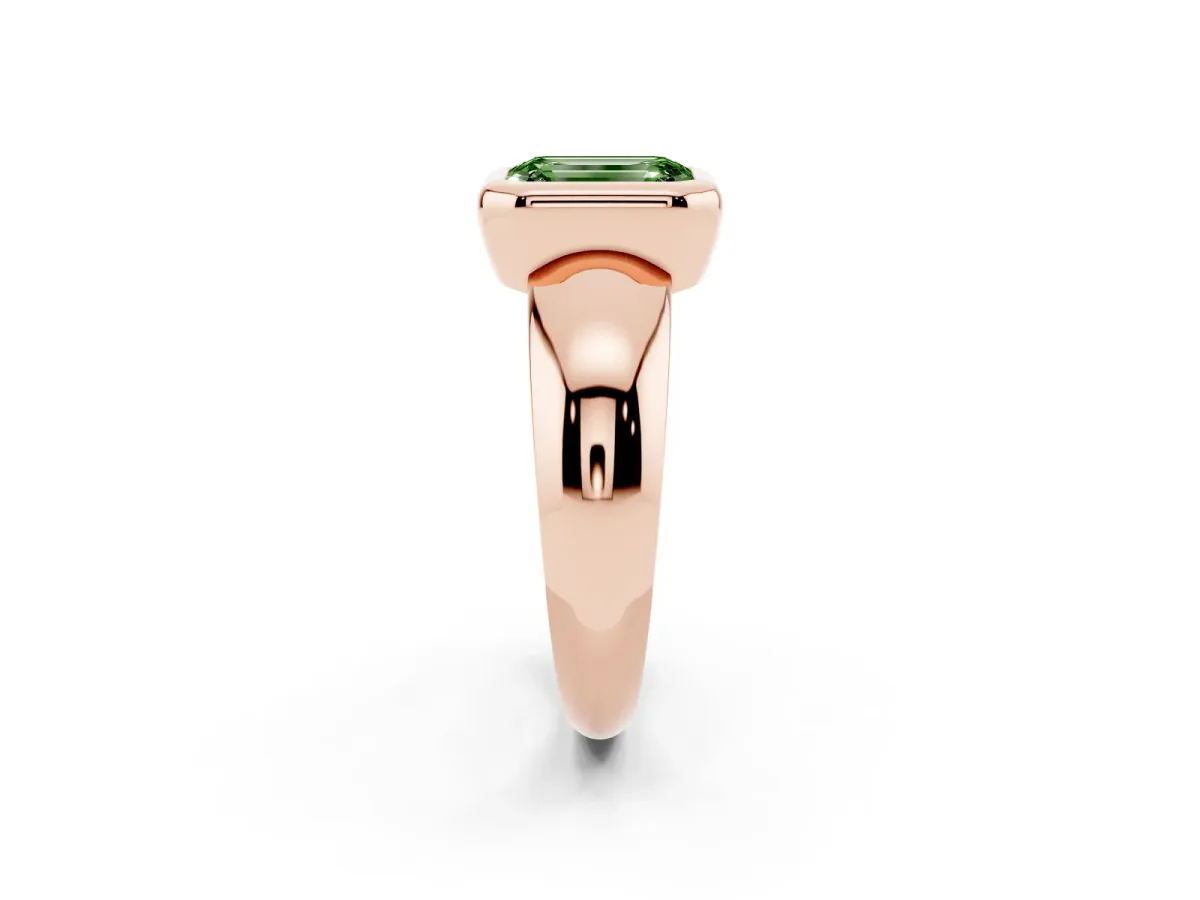 Fancy Green Bezel Set Emerald Cut Solitaire Ring with Wide Band Rose gold