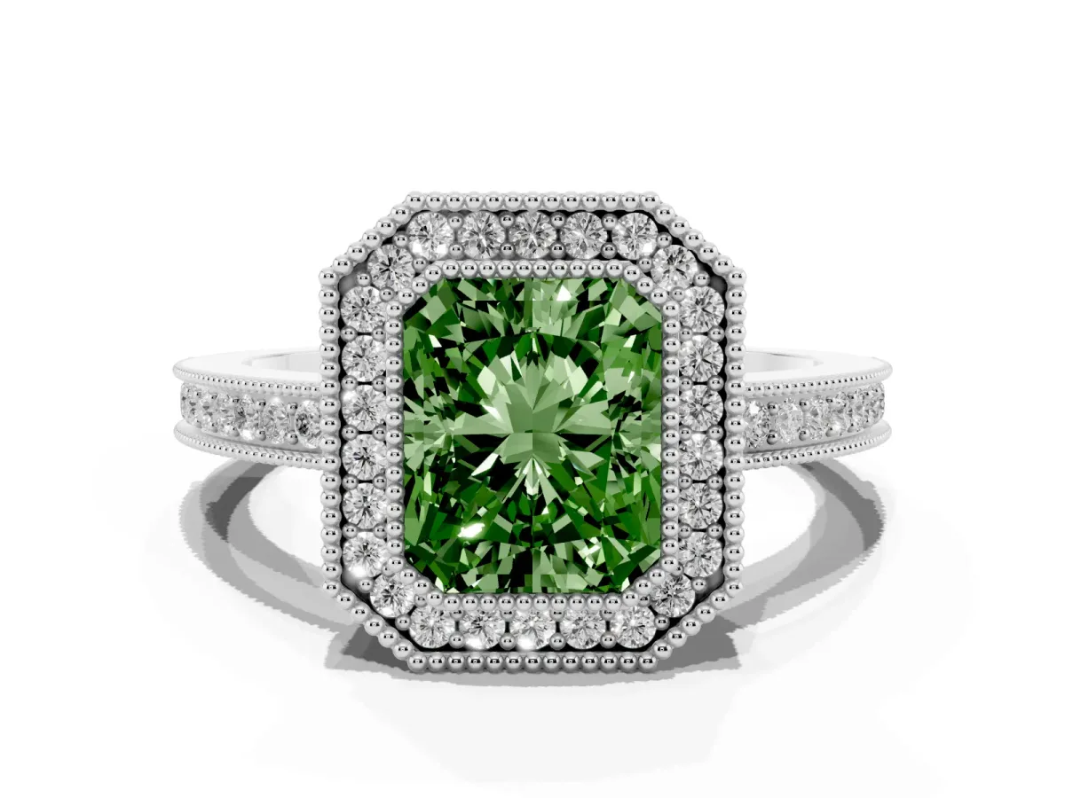 Fancy Green Radiant Cut Cut Halo Diamond Ring with Pavé Band and Milgrain Prong Setting Platinum