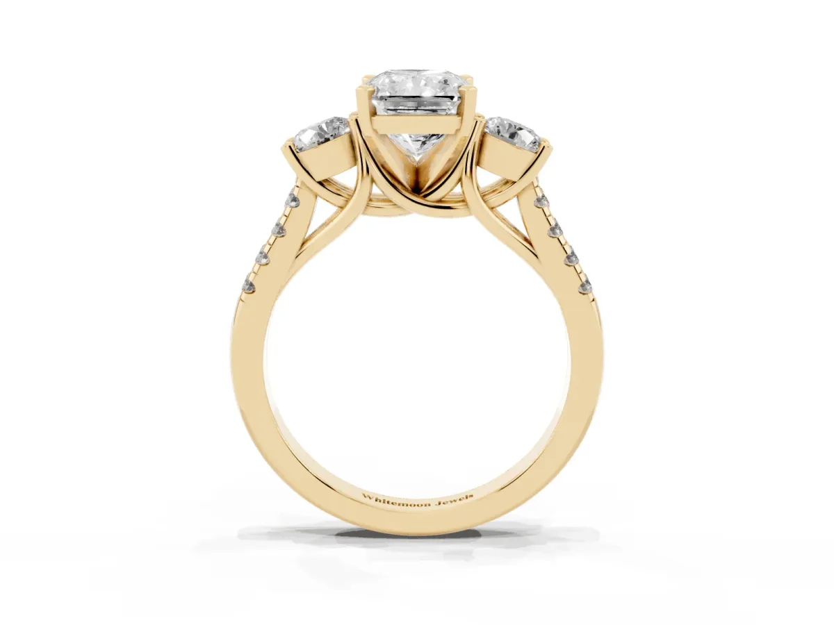 Three-Stone Radiant Cut Diamond Pavé Band with Four-Prong Setting Yellow gold