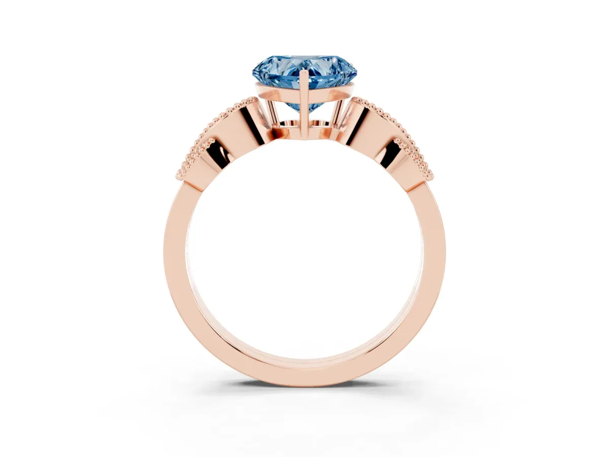 Fancy Blue Heart Cut Solitaire Milgrain Leaf Band with Prong Setting Rose gold