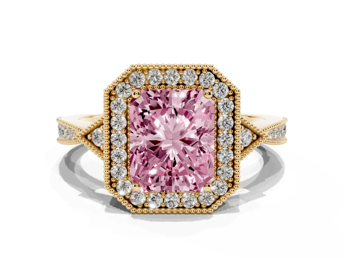 Fancy Pink Radiant Cut Halo Round Diamond Milgrain Pave Engagement Ring Yellow gold