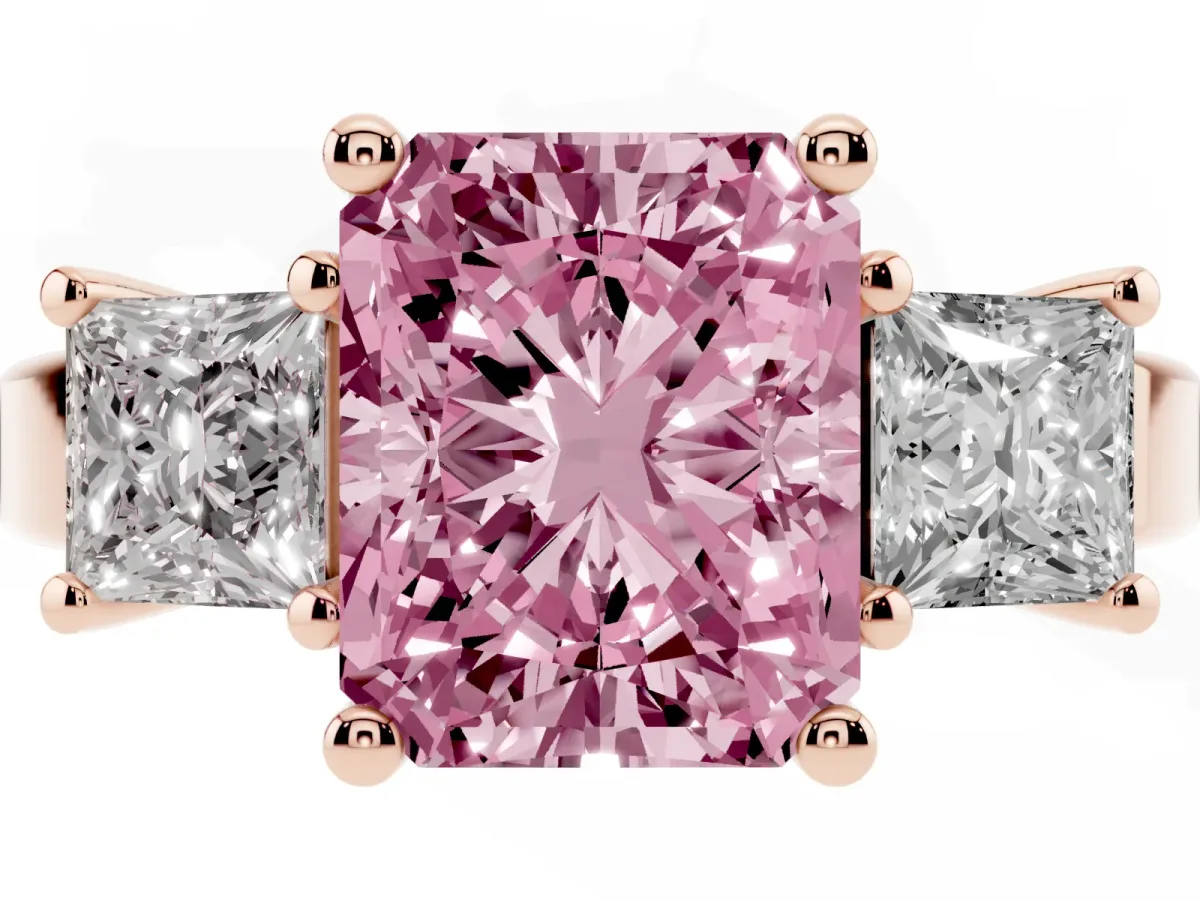Fancy Pink Three-Stone Radiant Cut Cut Solitaire Ring with Prong Setting Rose gold