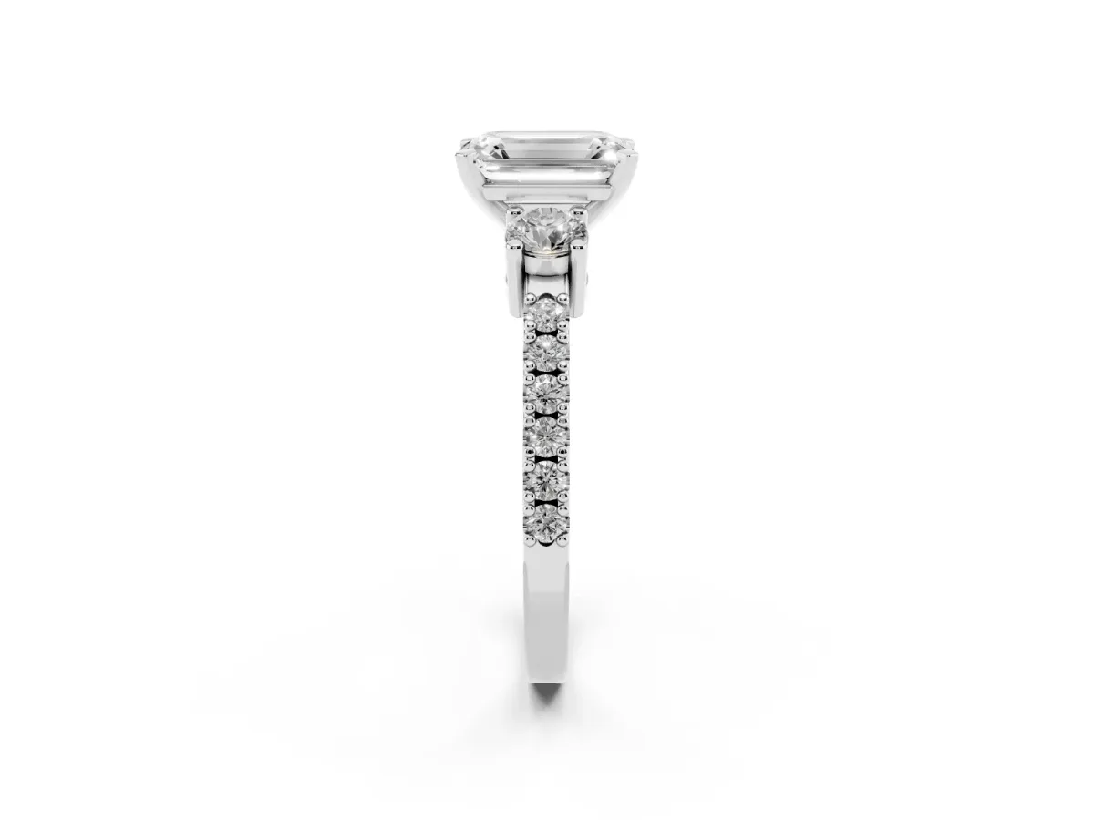 Emerald Cut Three-Stone Diamond Pavé Band with Prong Setting Silver