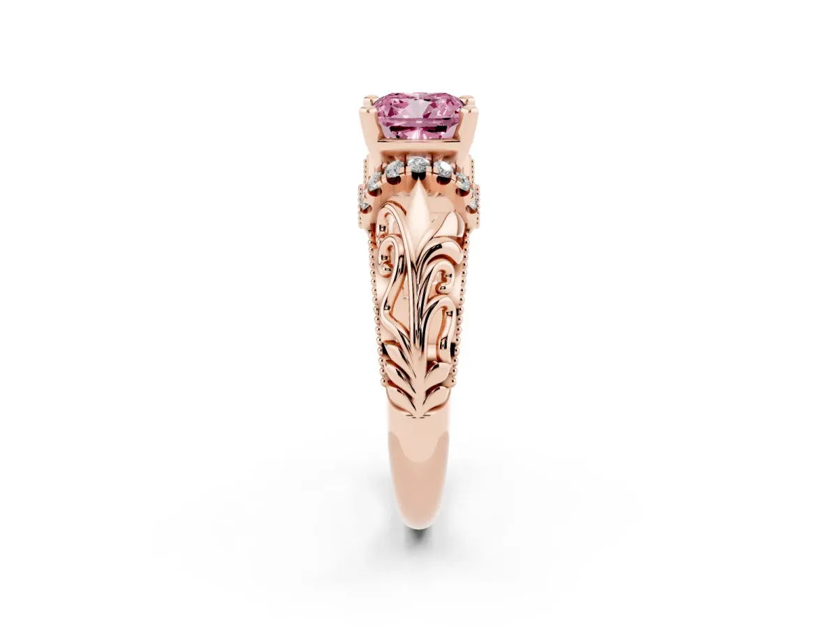 Fancy Pink Cushion Cut Solitaire Filigree Engagement Ring with Halo and Prong Setting Rose gold