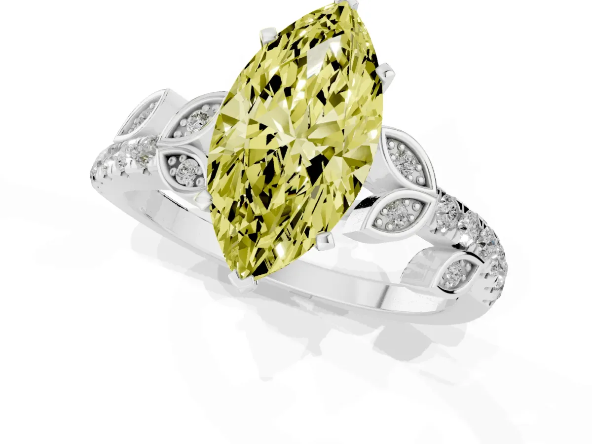Fancy Yellow Marquise Cut Solitaire Leaf-Inspired Diamond Ring with Pavé Band and Four-Prong Setting Silver