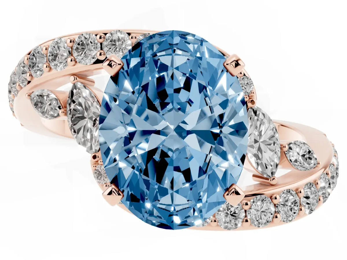 Fancy Blue Oval Cut Solitaire with Pavé Twist Band and Four-Prong Setting Rose gold