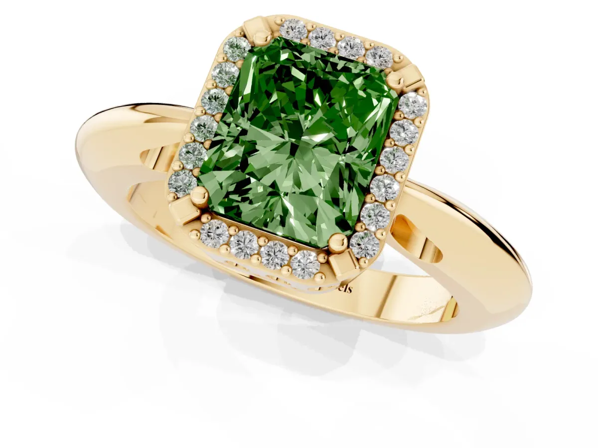Fancy Green Radiant Cut Cut Diamond Halo Engagement Ring with Split Shank and Four-Prong Setting Yellow gold