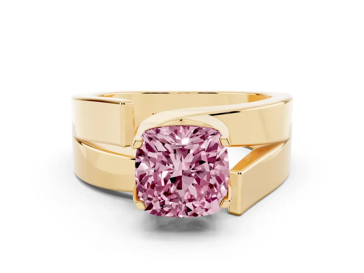 Fancy Pink Modern Tension Set Cushion Cut Diamond Solitaire Wide Band Ring Yellow gold