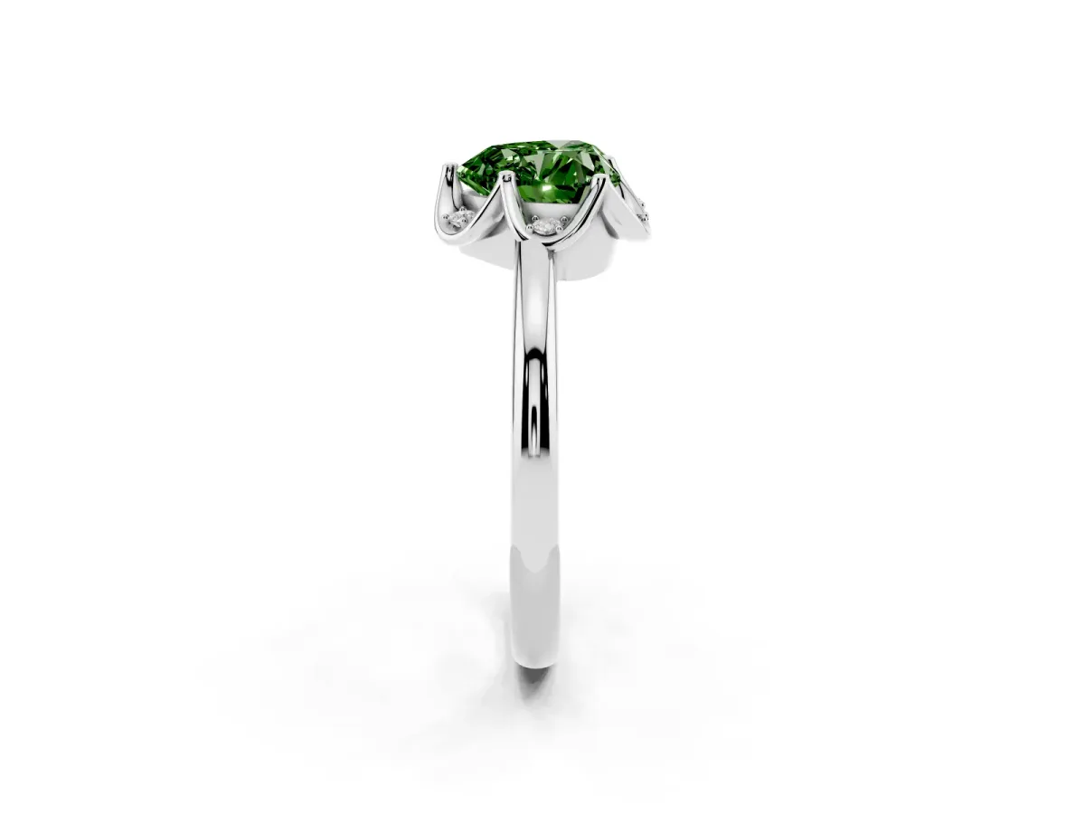 Fancy Green Heart Cut Halo Diamond Ring with Round Cluster Setting, Solitaire Band, and Four-Prong Setting Silver