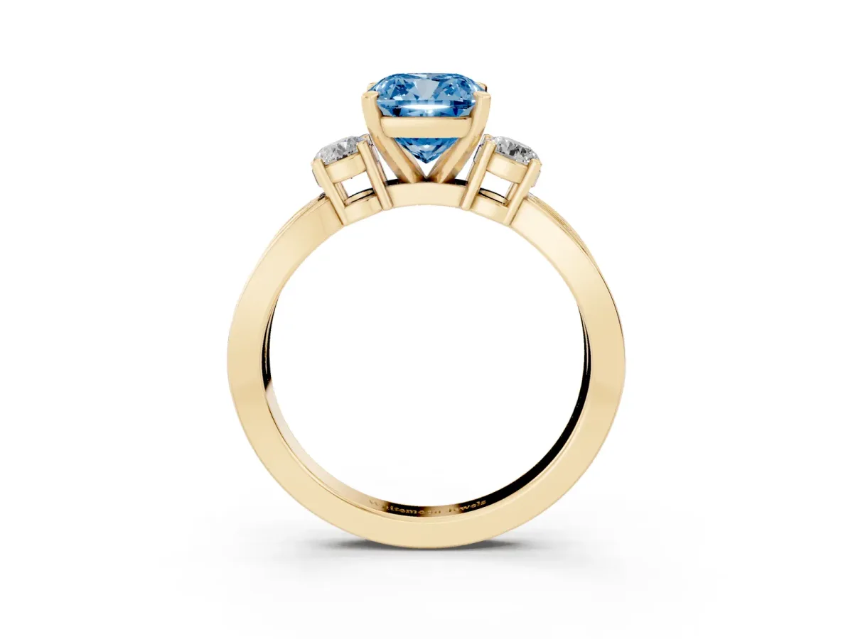 Fancy Blue Three-Stone Cushion Cut Cut Diamond Twist Band with Prong Setting Yellow gold