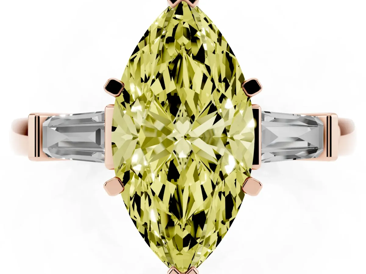Fancy Yellow Marquise Cut Cut Diamond Solitaire Ring with Tapered Baguette Accents and Four-Prong Setting Rose gold