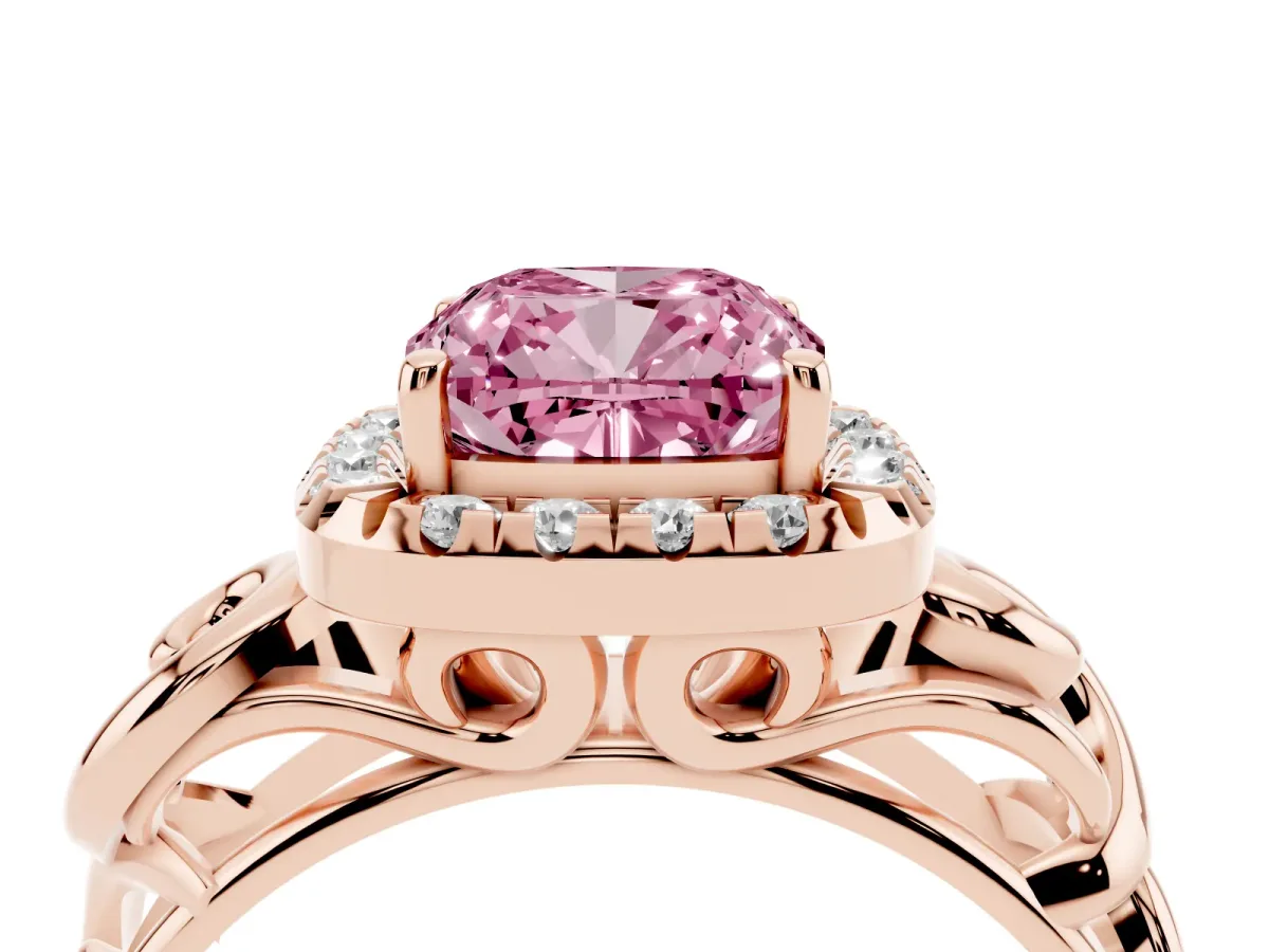 Fancy Pink Cushion Cut Cut Halo Diamond Ring with Scrollwork Band and Four-Prong Setting Rose gold