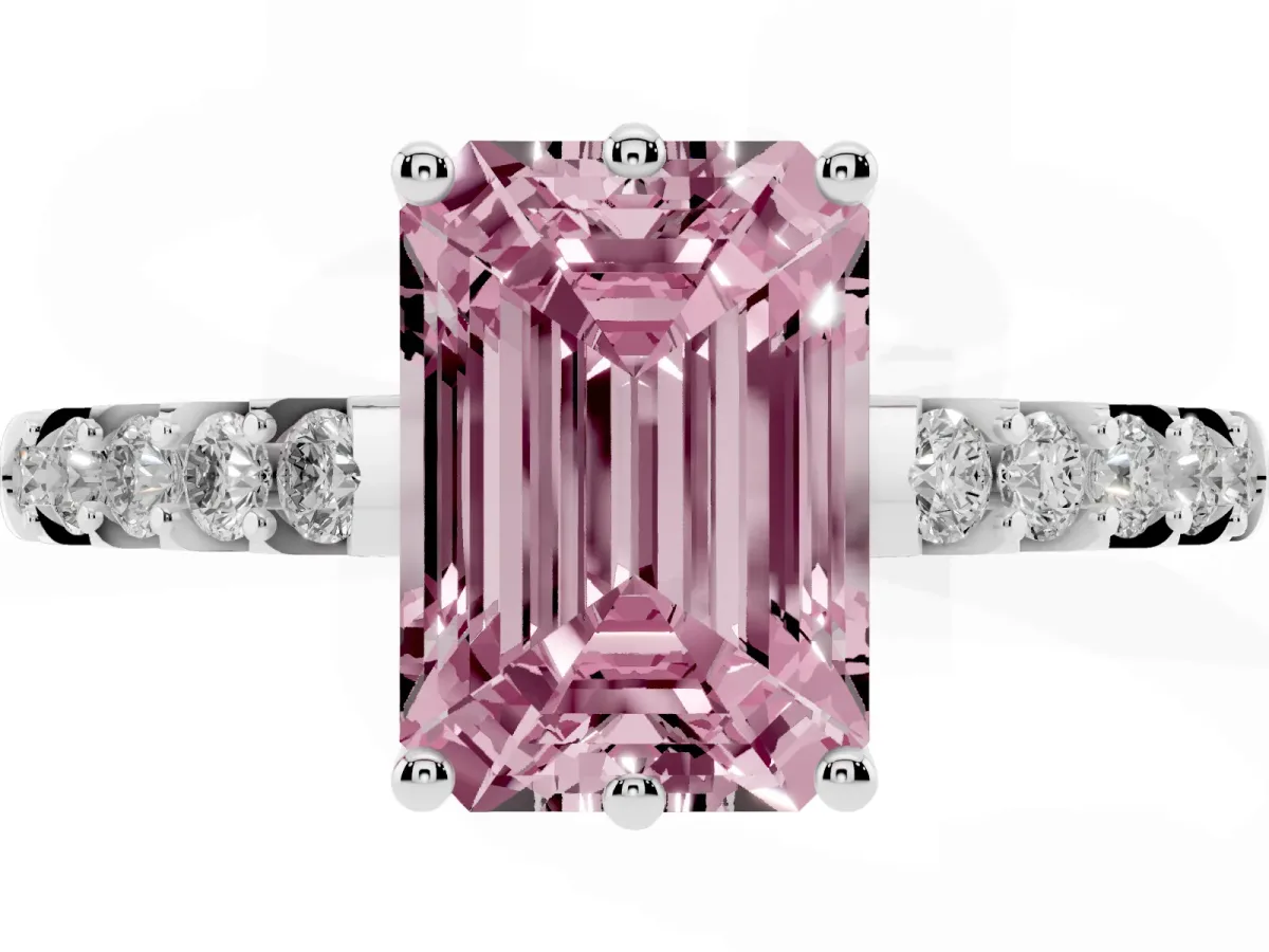 Fancy Pink Emerald Cut Solitaire Diamond Engagement Ring with Pavé Band and Six-Prong Setting Platinum