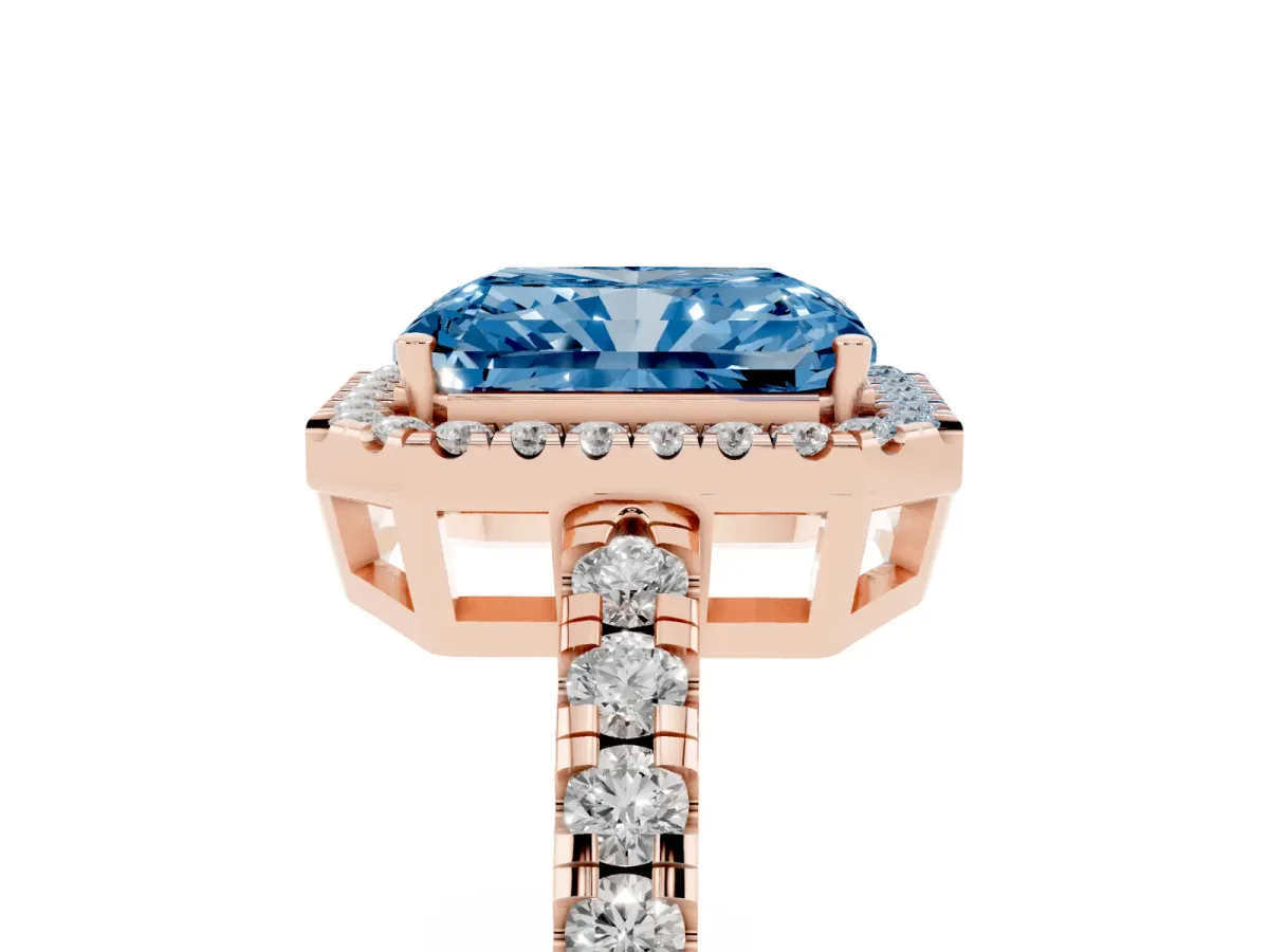 Fancy Blue Radiant Cut Diamond Halo Ring with Pavé Band and Four-Prong Setting Rose gold