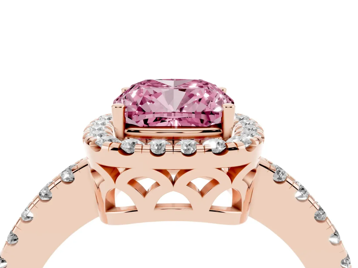 Fancy Pink Cushion Cut Halo Diamond Engagement Ring with Pavé Band and Four-Prong Setting Rose gold