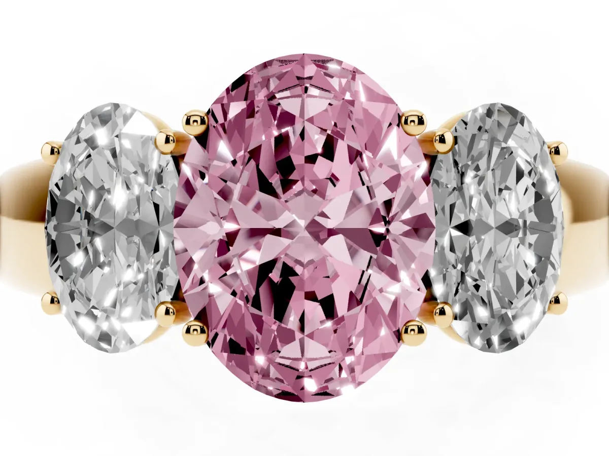 Fancy Pink Three-Stone Oval Cut Cut Diamond Ring with Prong Setting and Classic Band Yellow gold
