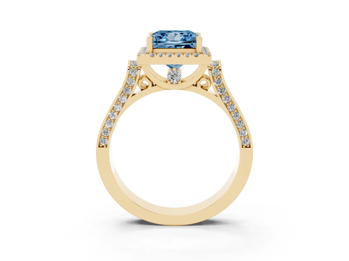 Fancy Blue Princess Cut Halo Round Diamond Twist Band with Four-Prong Setting Yellow gold