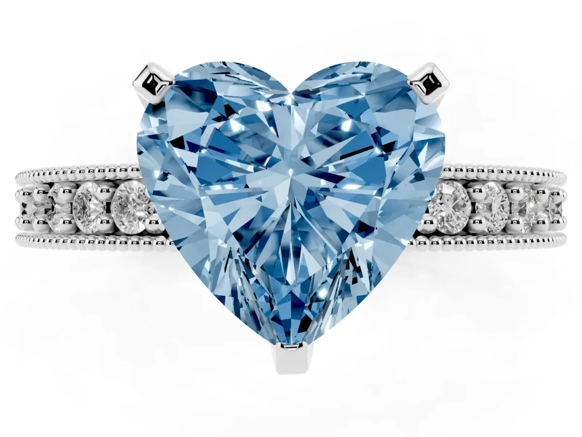Fancy Blue Heart Cut Diamond Milgrain Pavé Engagement Ring with Four-Prong Setting Silver