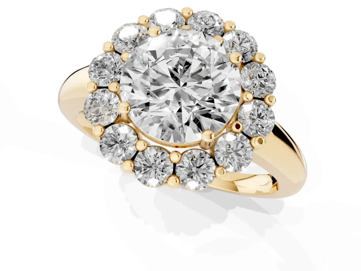 Round Cut Halo Cluster Diamond Engagement Ring with Prong Setting and Polished Band Yellow gold