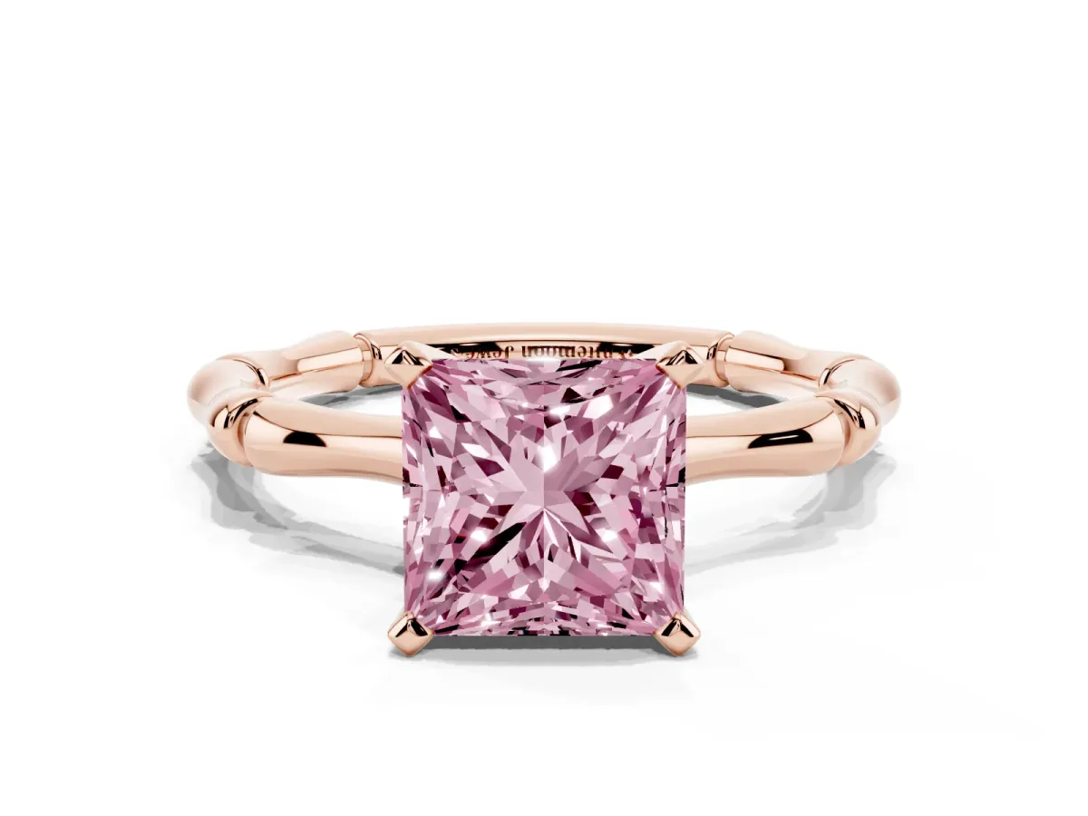 Fancy Pink Princess Cut Solitaire Diamond Ring with Bamboo Band and Four-Prong Setting Rose gold