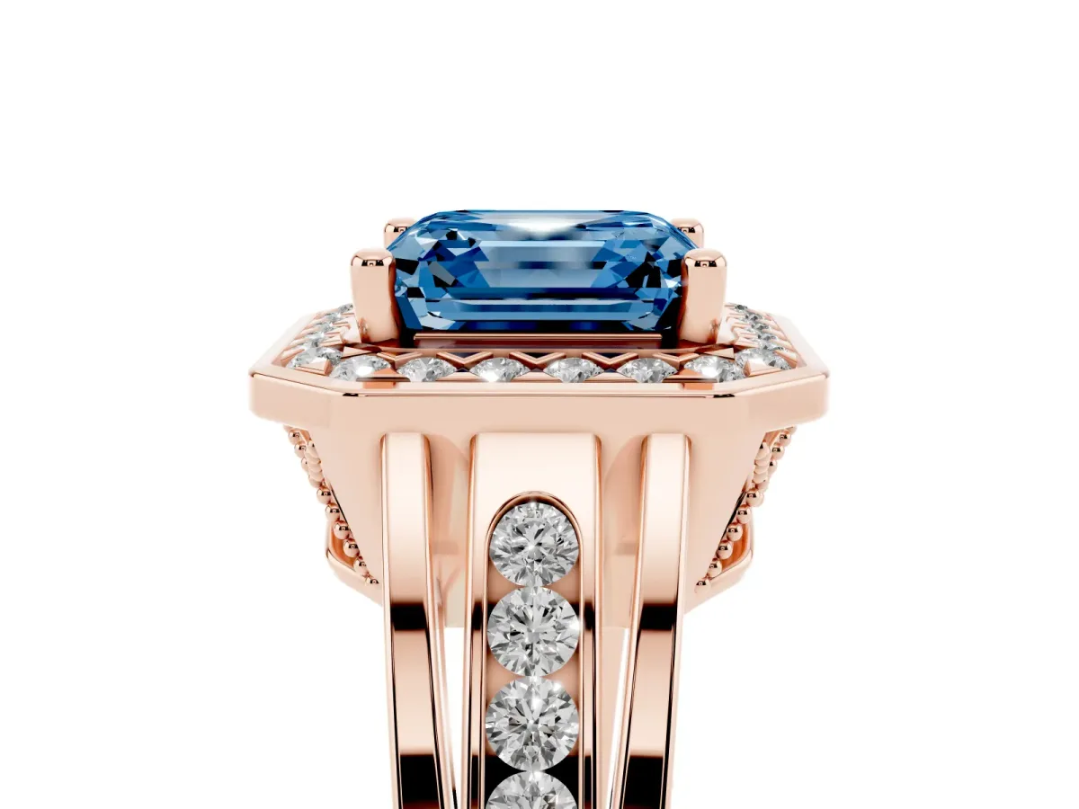Fancy Blue Asscher Cut Diamond Halo Ring with Split Shank and Bezel Accents and Prong Setting Rose gold