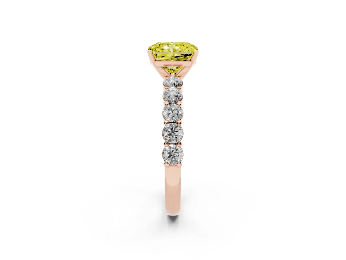 Fancy Yellow Radiant Cut Diamond Solitaire Ring with Shared Prong Round Side Stones Rose gold