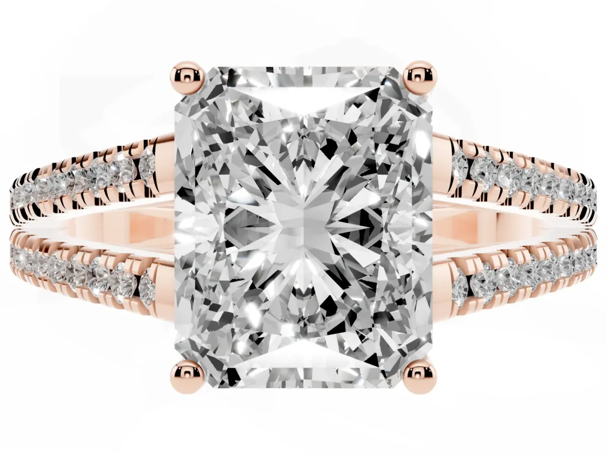 Radiant Cut Diamond Solitaire Engagement Ring with Split Shank Pavé Band Rose gold