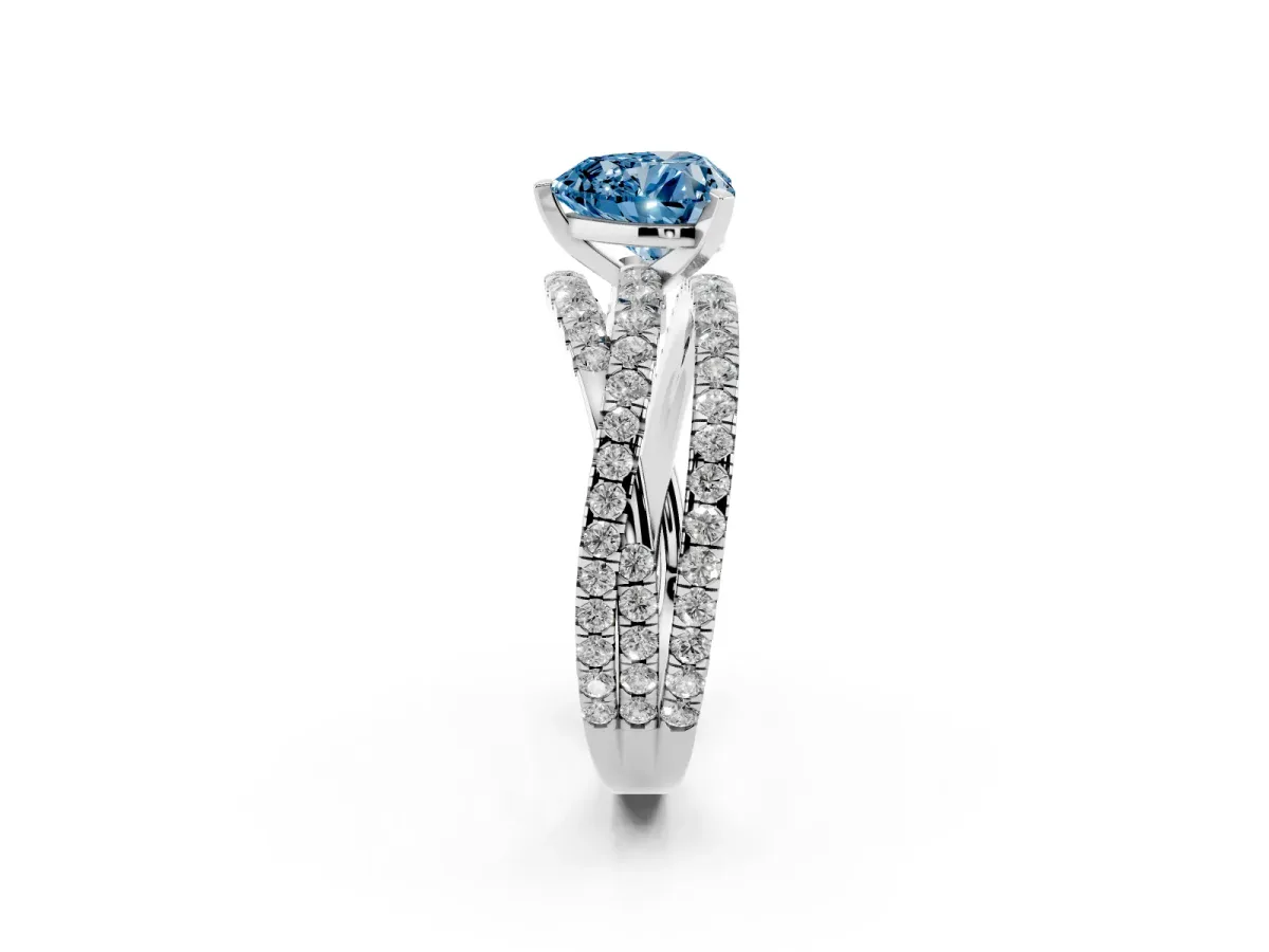 Fancy Blue Heart Cut Solitaire Twist Band with Pavé Setting and Four-Prong Setting Silver