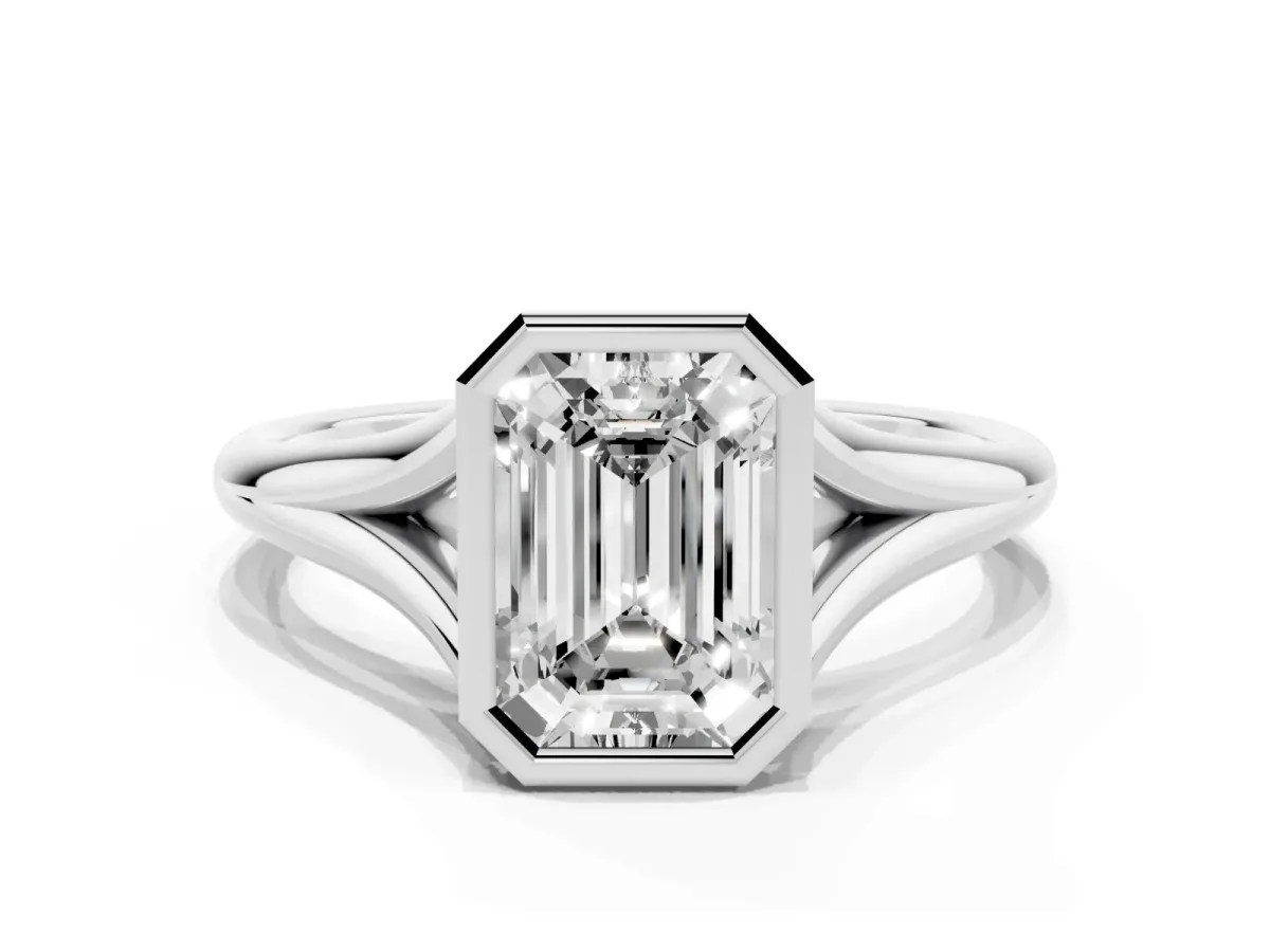 Bezel Set Emerald Cut Cut Solitaire Ring with Tapered Band Silver