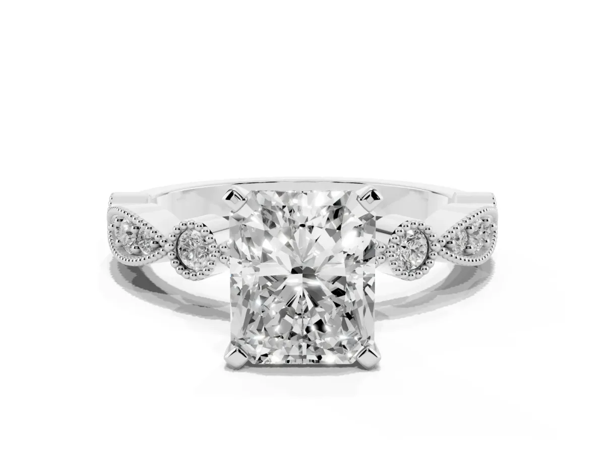 Radiant Cut Milgrain Bezel Diamond Engagement Ring with Solitaire Prong Setting Silver