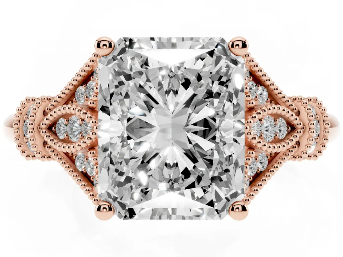 Radiant Cut Diamond Solitaire Ring with Floral Filigree and Pave Accents Rose gold