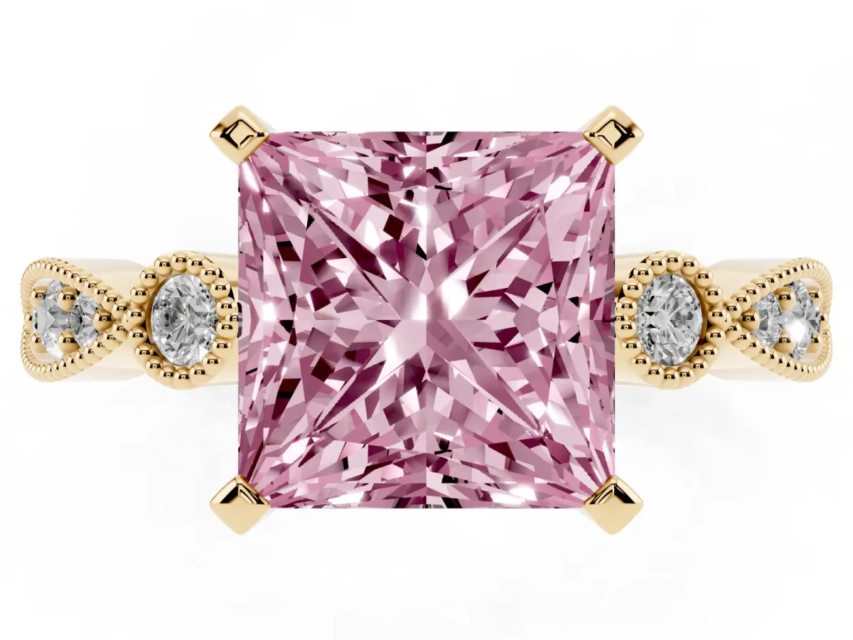 Fancy Pink Princess Cut Milgrain Bezel Diamond Engagement Ring with Solitaire Prong Setting Yellow gold