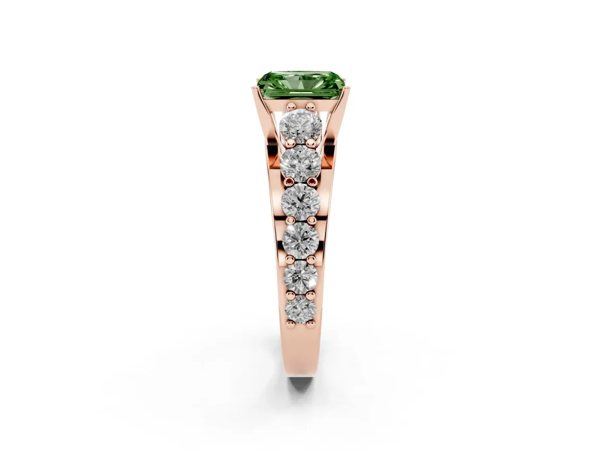 Fancy Green Radiant Cut Diamond Engagement Ring with Pavé Band and Four-Prong Setting Rose gold