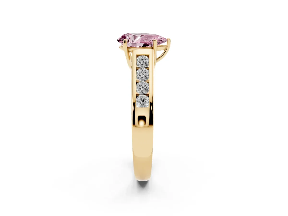 Fancy Pink Pear Cut Solitaire Channel-Set Diamond Engagement Ring with Four-Prong Setting Yellow gold