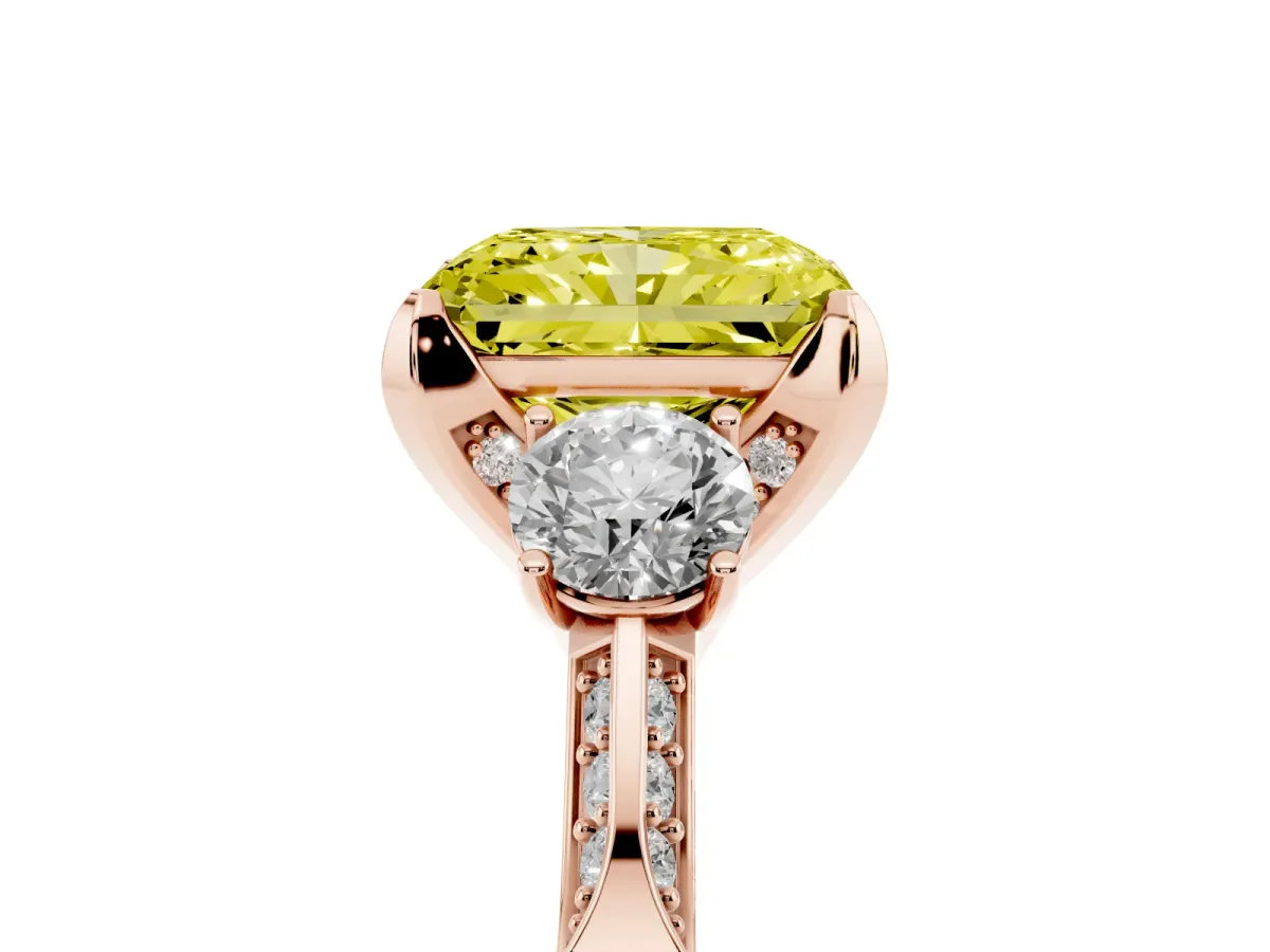 Fancy Yellow Radiant Cut Brilliant Three-Stone Diamond Ring with Pavé Band and Four-Prong Setting Rose gold
