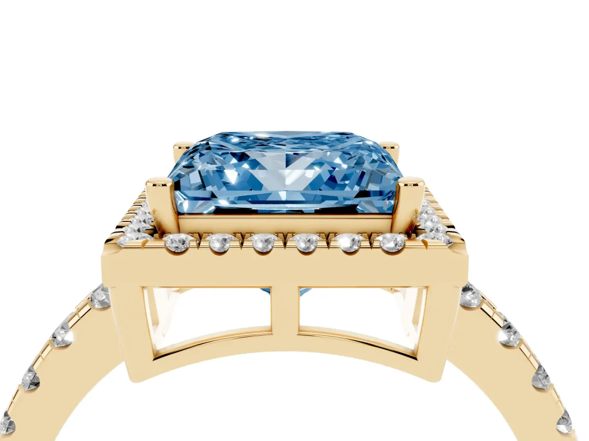 Fancy Blue Princess Cut Diamond Halo Ring with Pavé Band and Four-Prong Setting Yellow gold