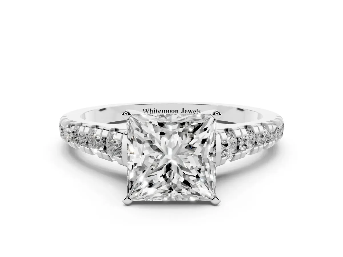 Princess Cut Diamond Cathedral Solitaire Ring with Round Pavé Band Platinum