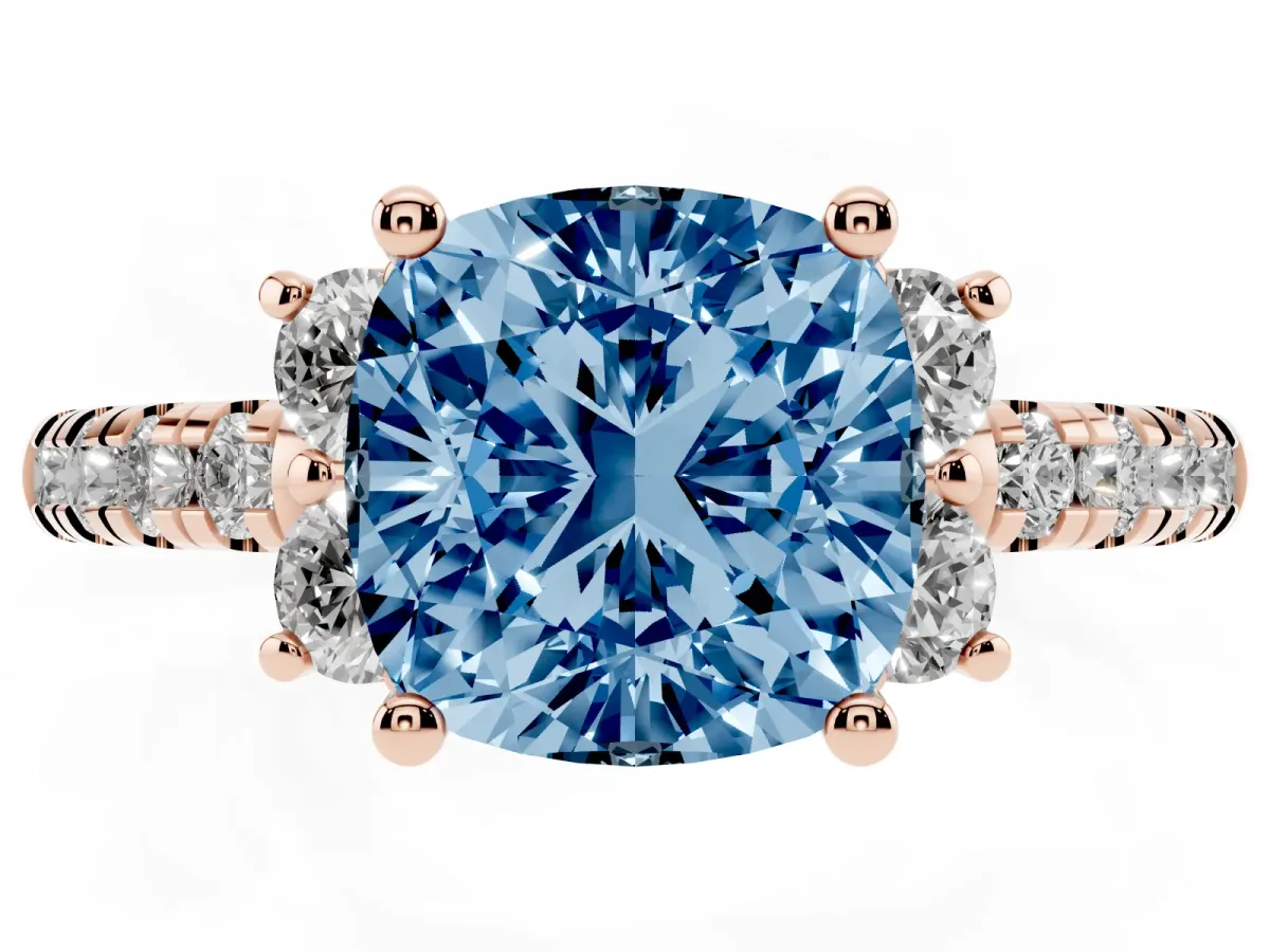 Fancy Blue Cushion Cut Diamond Three-Stone Pave Band with Four-Prong Setting Rose gold
