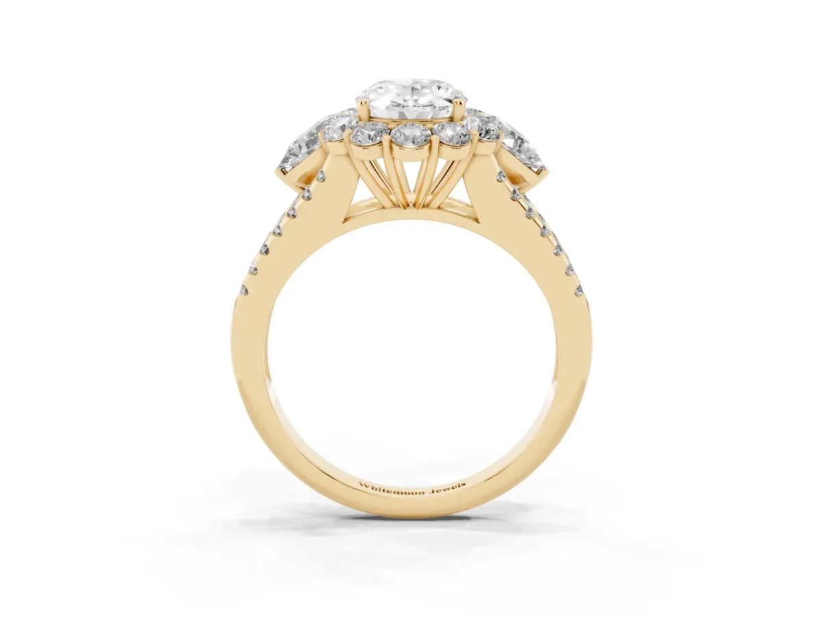 Oval Cut Halo Split Shank Diamond Engagement Ring with Prong Setting Yellow gold