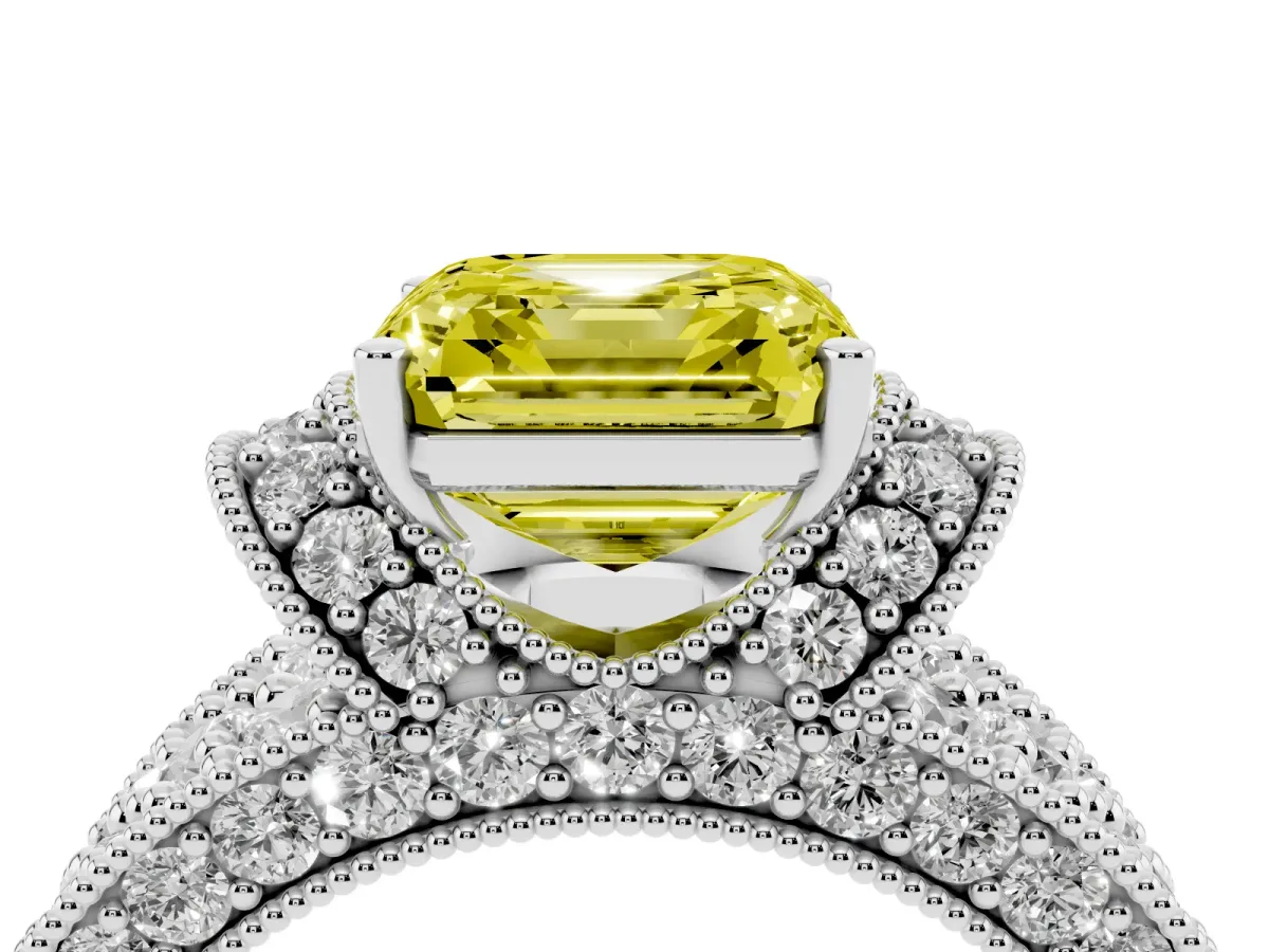 Fancy Yellow Asscher Cut Halo Pave Diamond Engagement Ring with Milgrain Detailing Platinum