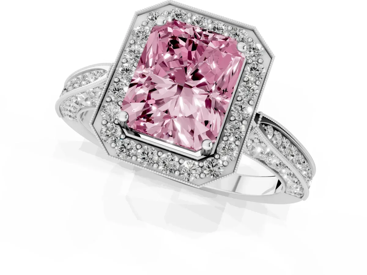 Fancy Pink Radiant Cut Halo Diamond Engagement Ring with Split Shank Band and Four-Prong Setting Silver